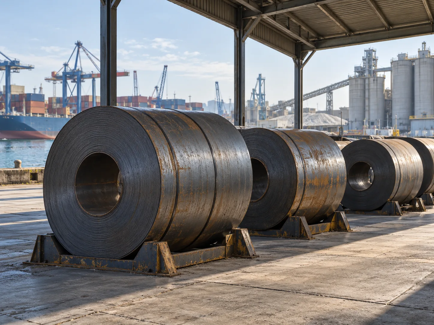 Bobines d’acier dans une zone de stockage portuaire.